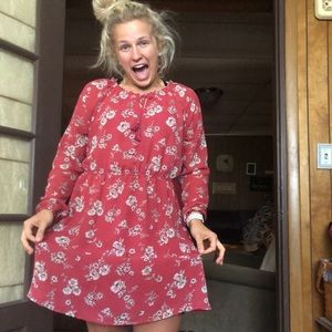 Maurices Soft Red Floral Long-sleeve Dress